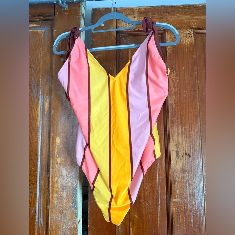 aerie Yellow Pink Striped One-Piece Swimsuit